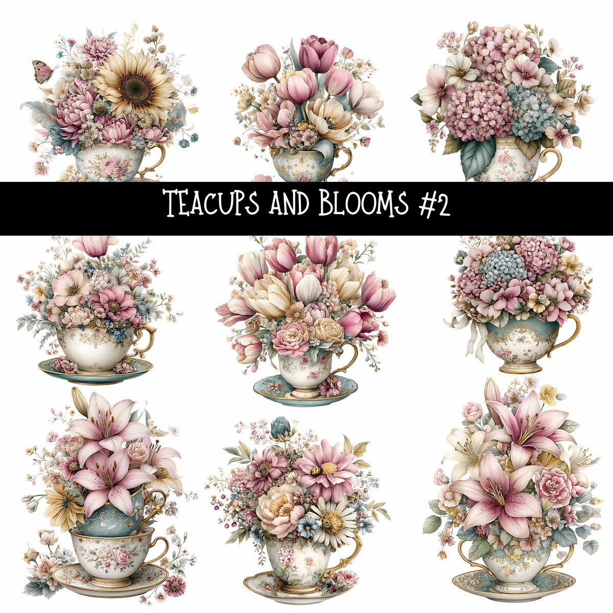 Teacups and Blooms UV DTF Decal sheets 2 design Options available