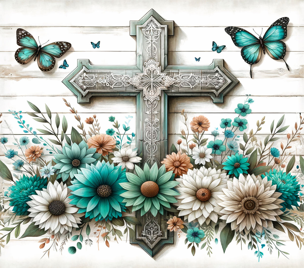 Teal Flower Cross Adhesive Tumbler Wrap