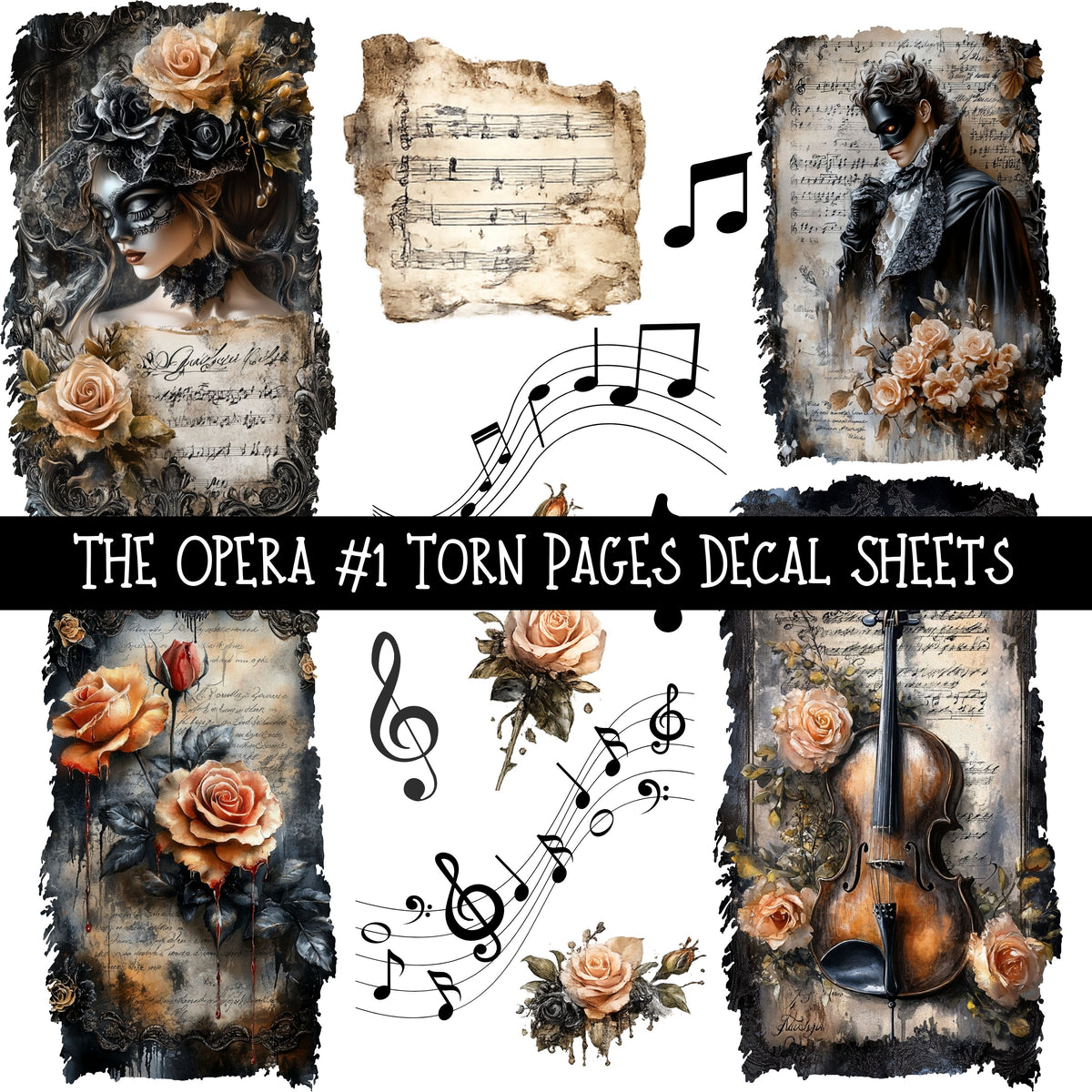 The Opera Torn Pages UV DTF Decal sheets 3 designs available