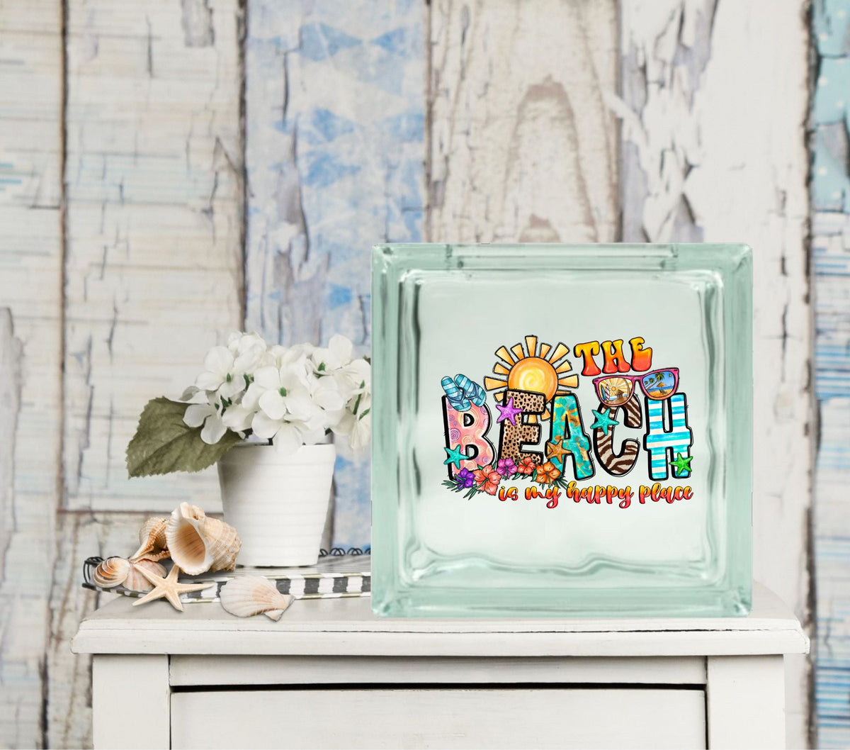 The beach is my Happy Place UV DTF Decal for Glass Blocks- 6.5 inches