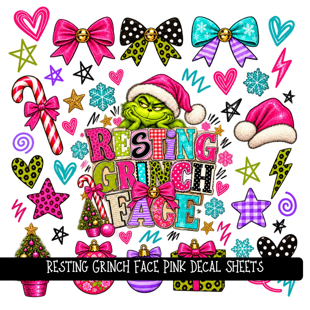 Resting Grinch Face Pink UV DTF Decal sheets