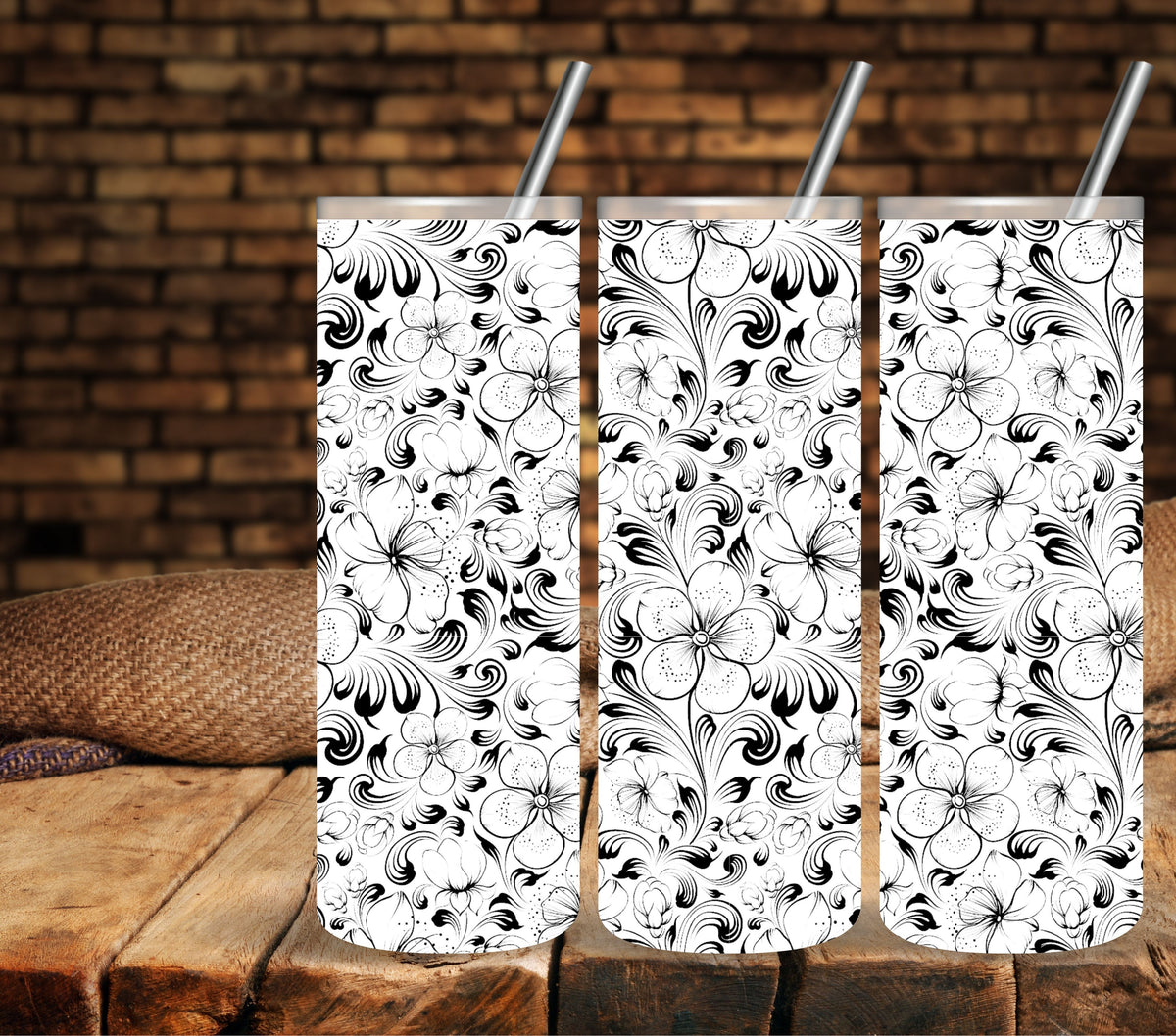 Tropical Floral Overlay black UV DTF tumbler wraps 20oz