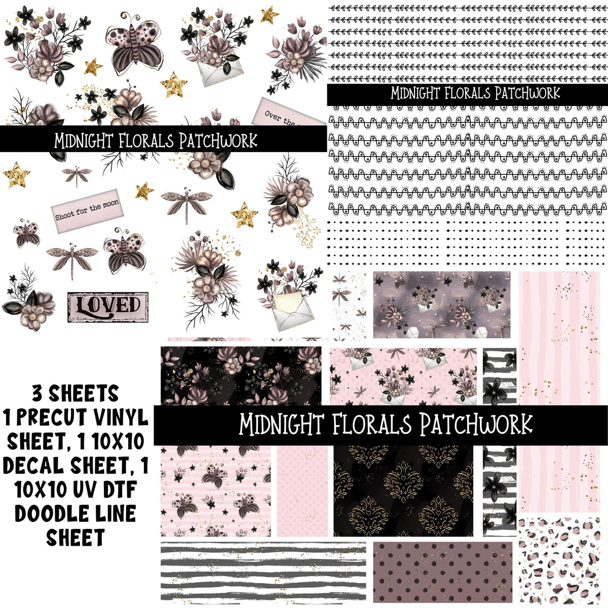Midnight Floral Doodle Patchwork Set