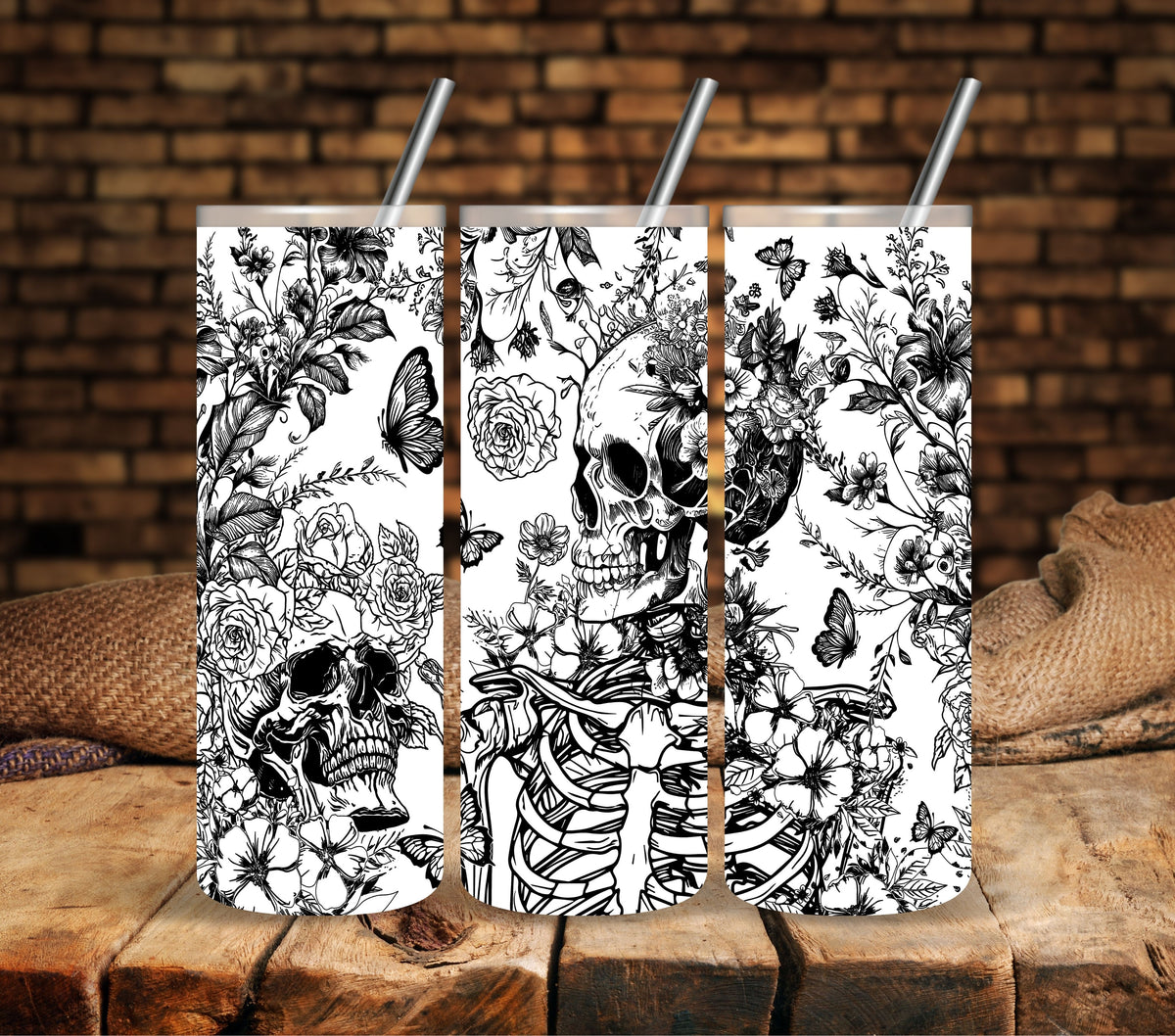 Skull and Flowers Black UV DTF  tumbler wraps