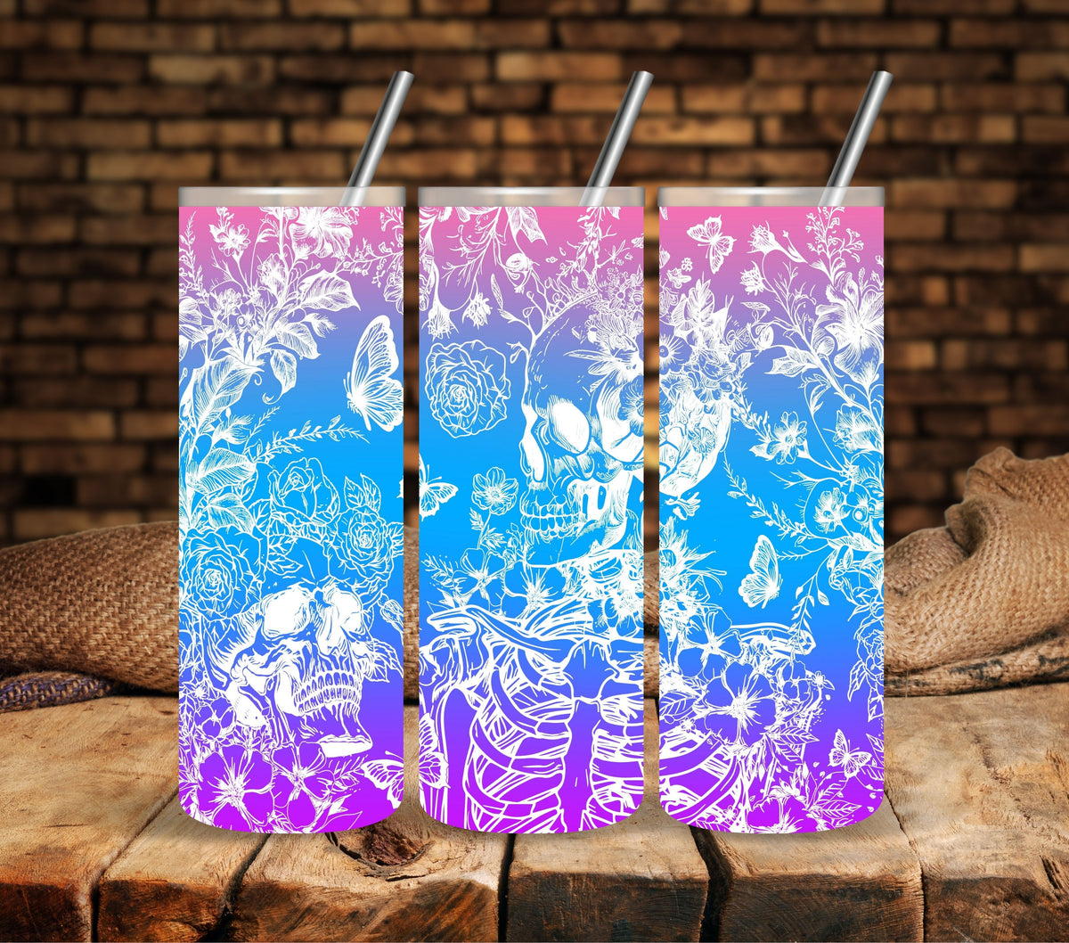 Skull and Flowers White UV DTF  tumbler wraps