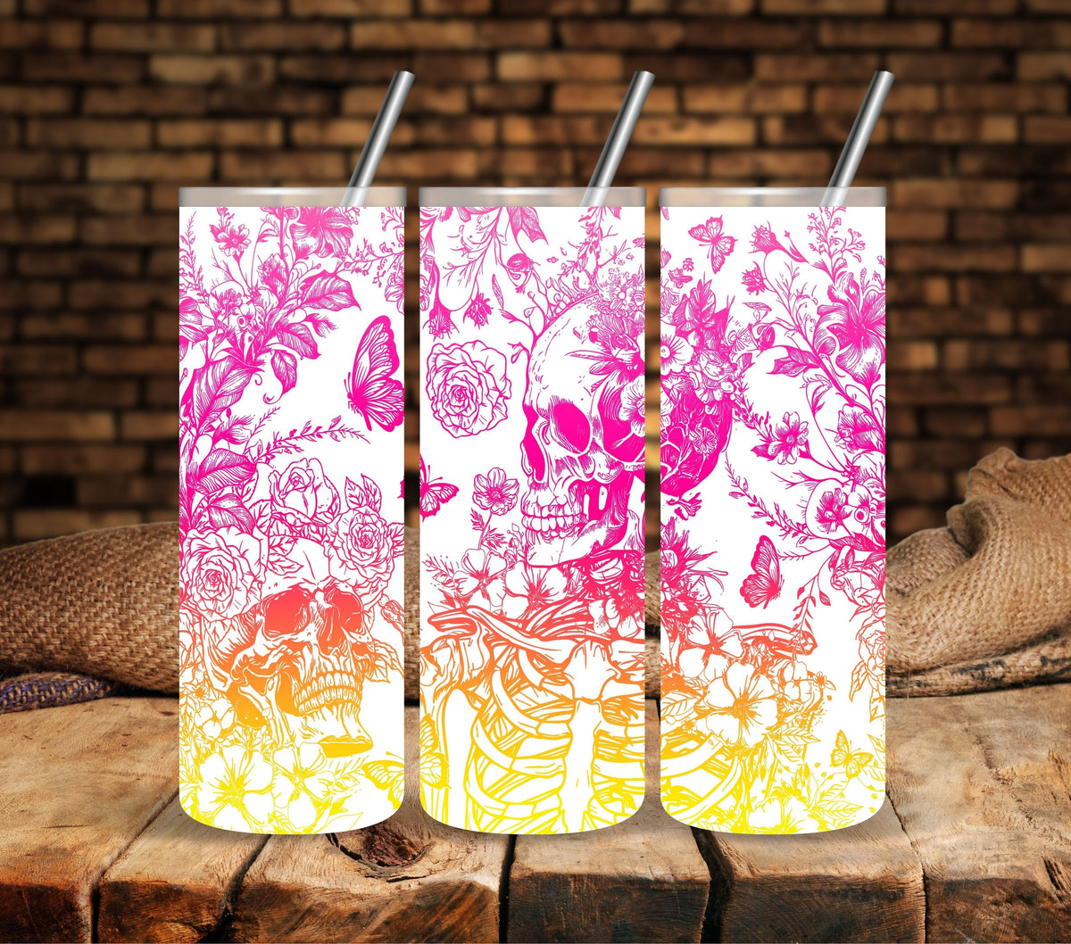 Skull and Flowers Rainbow UV DTF  tumbler wraps