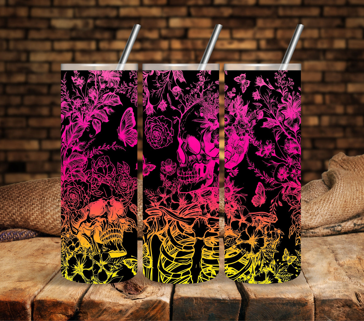 Skull and Flowers Rainbow UV DTF  tumbler wraps