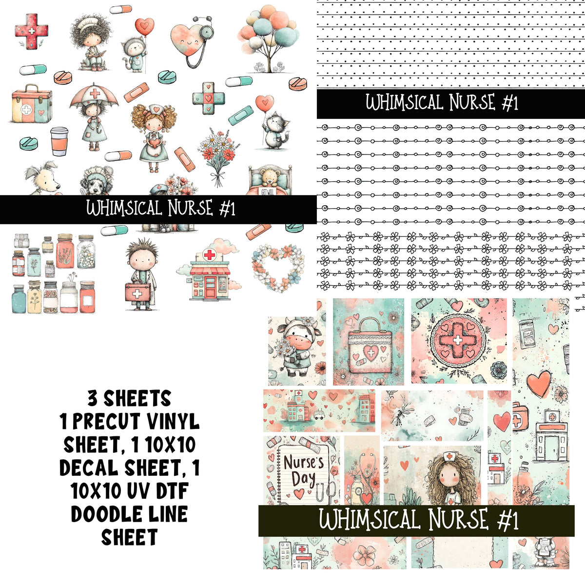 Whimsical Nurse Doodle Patchwork Sets 2 styles available