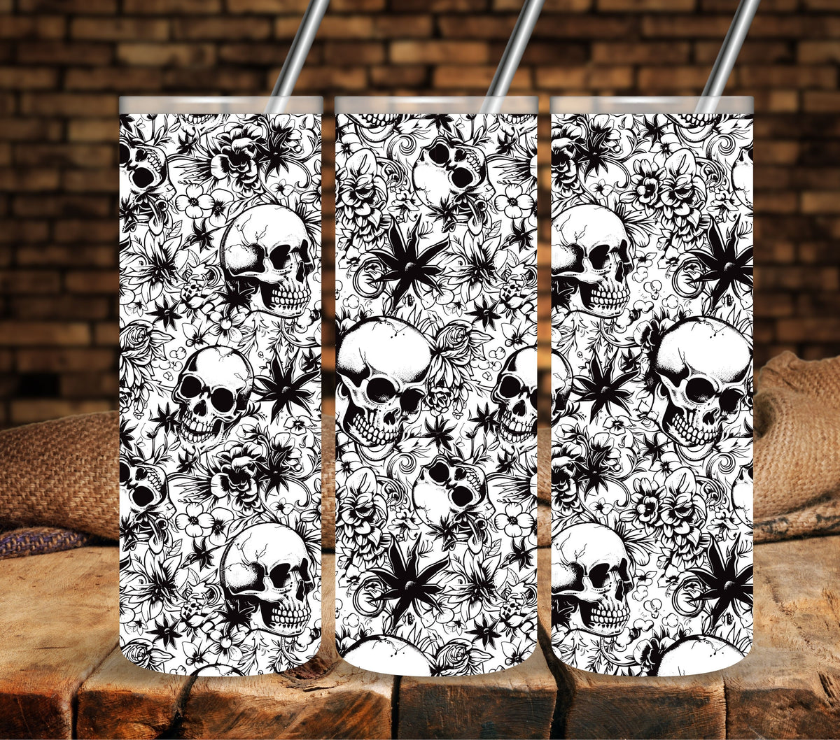 Floral Skulls wrap Black UV DTF tumbler wraps