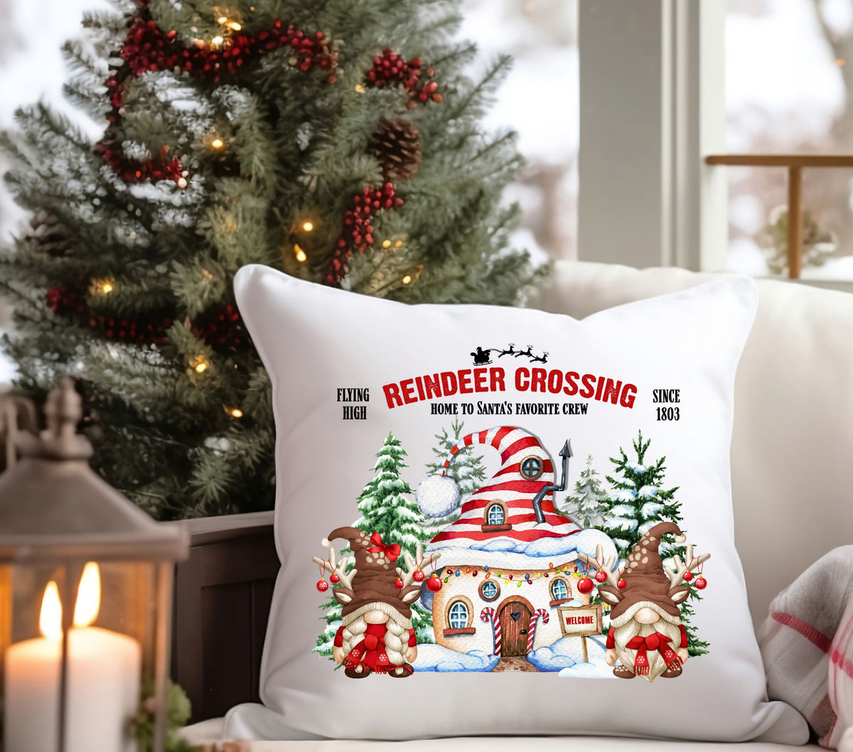 Reindeer Crossing Gnomes DTF Transfers for pillows and towels