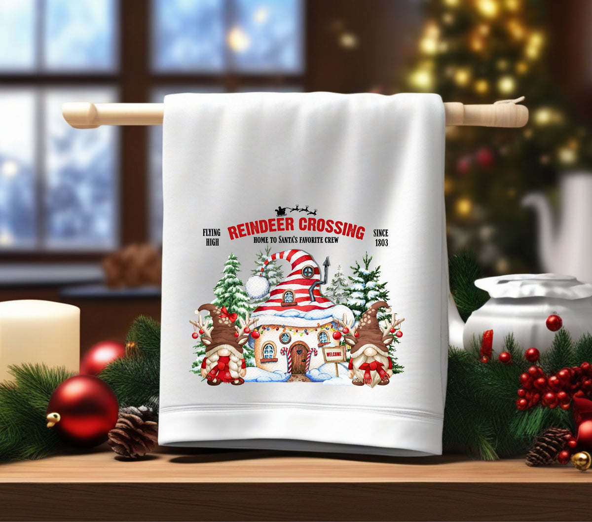 Reindeer Crossing Gnomes DTF Transfers for pillows and towels
