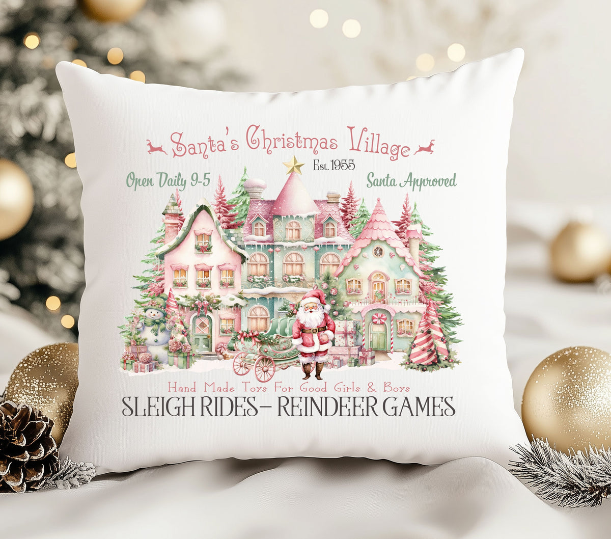 Christmas Village Pink DTF Transfers for pillows and towels