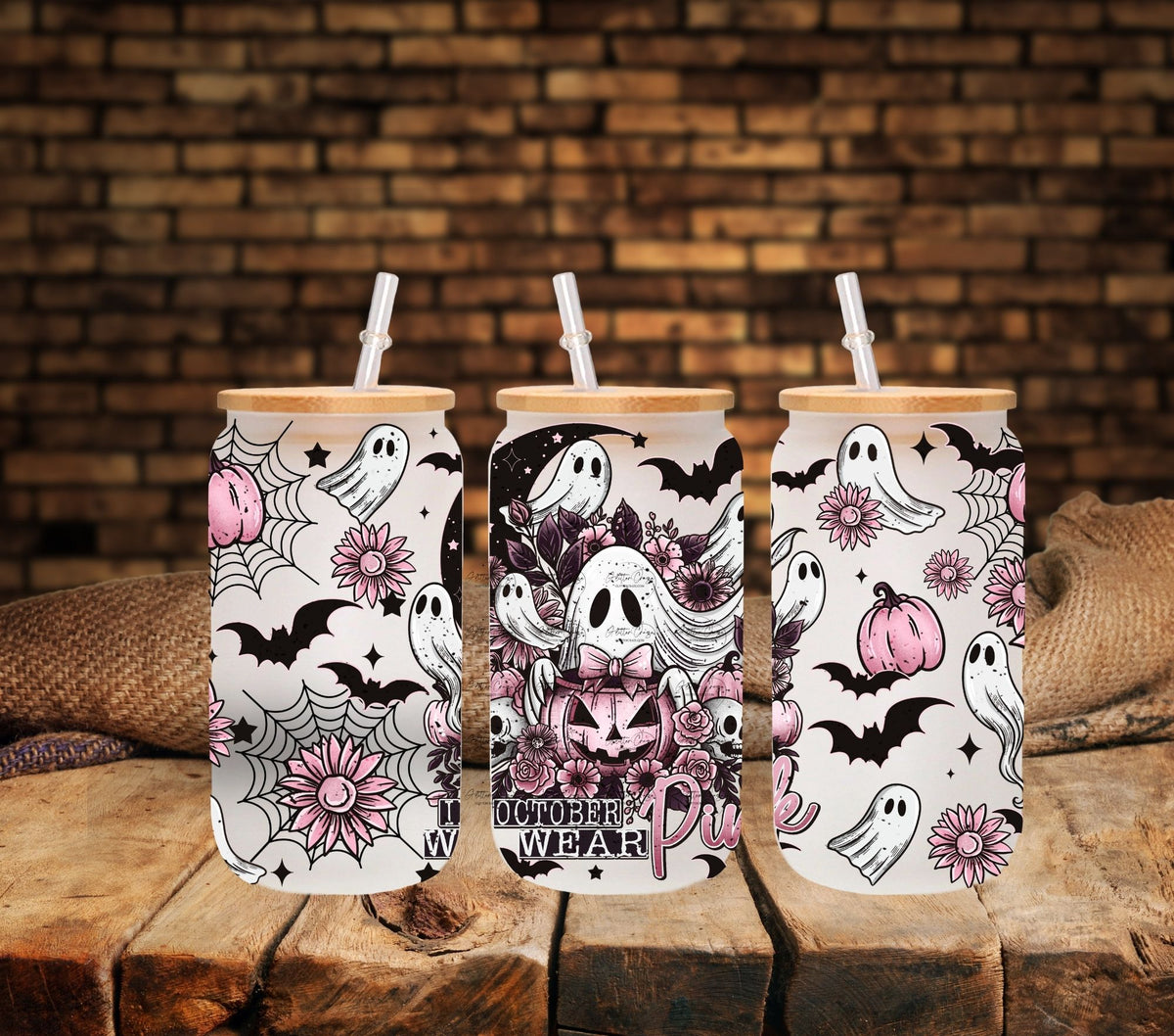 In October we wear pink ghosts Libbey UV DTF Wraps
