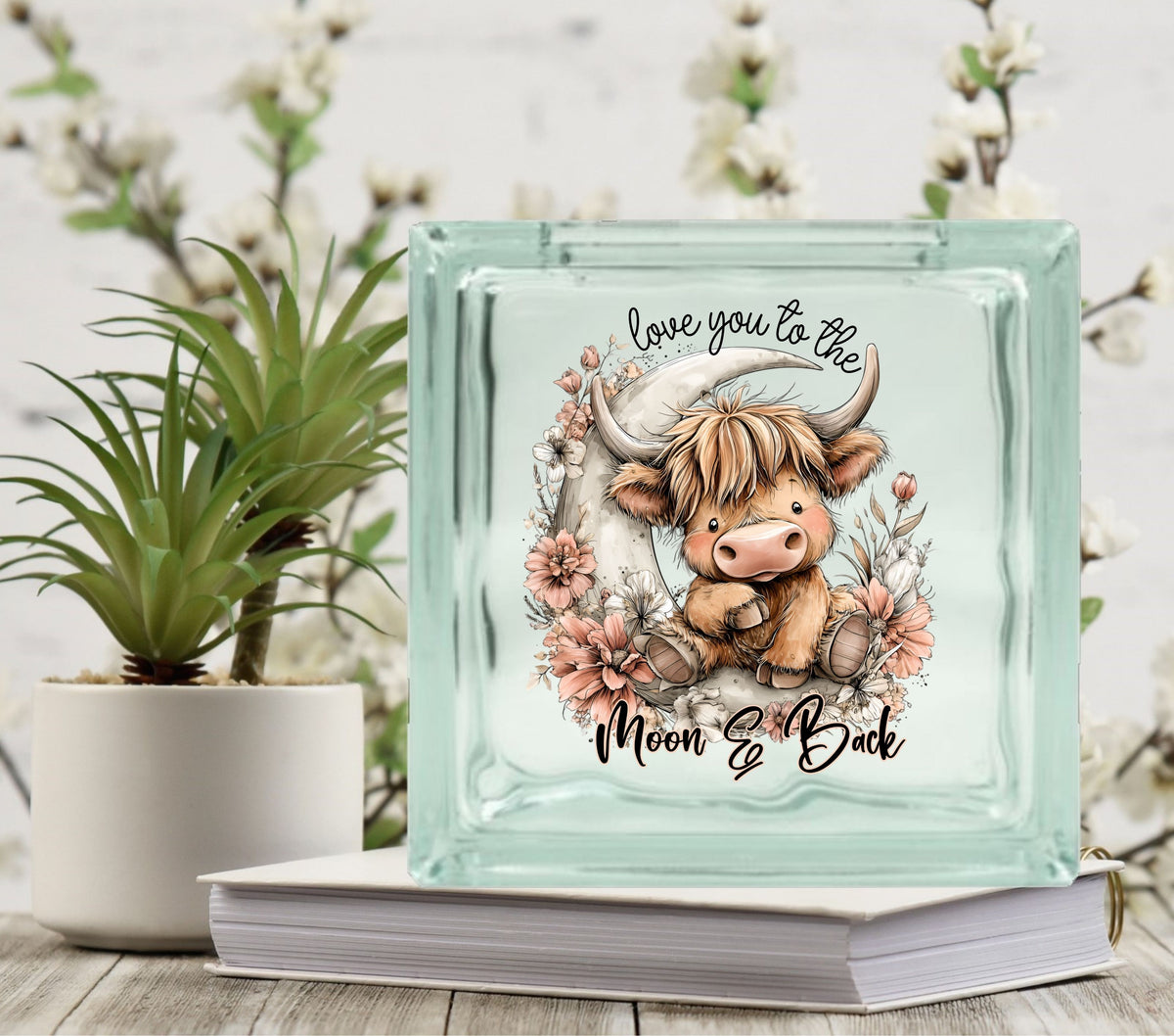 Love you to the moon and back highland Glass Block Decal