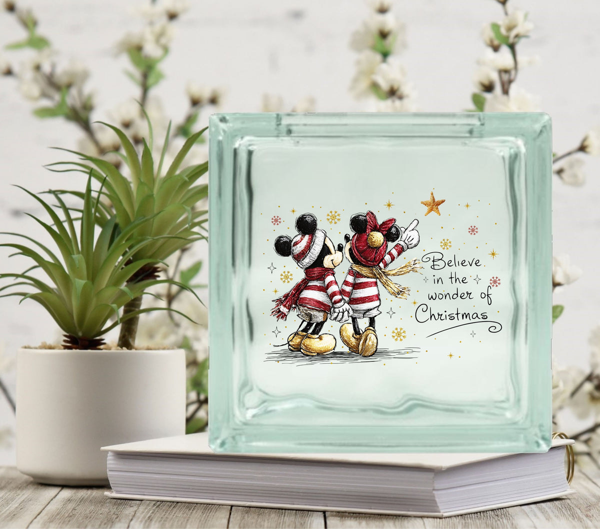 Believe in the wonder of Christmas Mick and Minn Glass Block Decal 2 sizes available