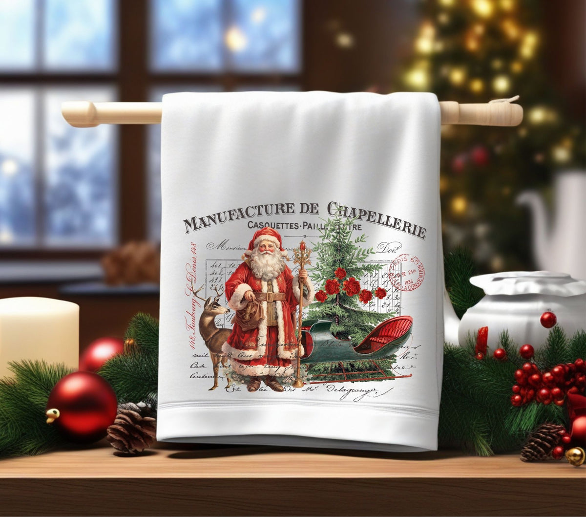 French Santa and Sleigh DTF Transfers for pillows and towels