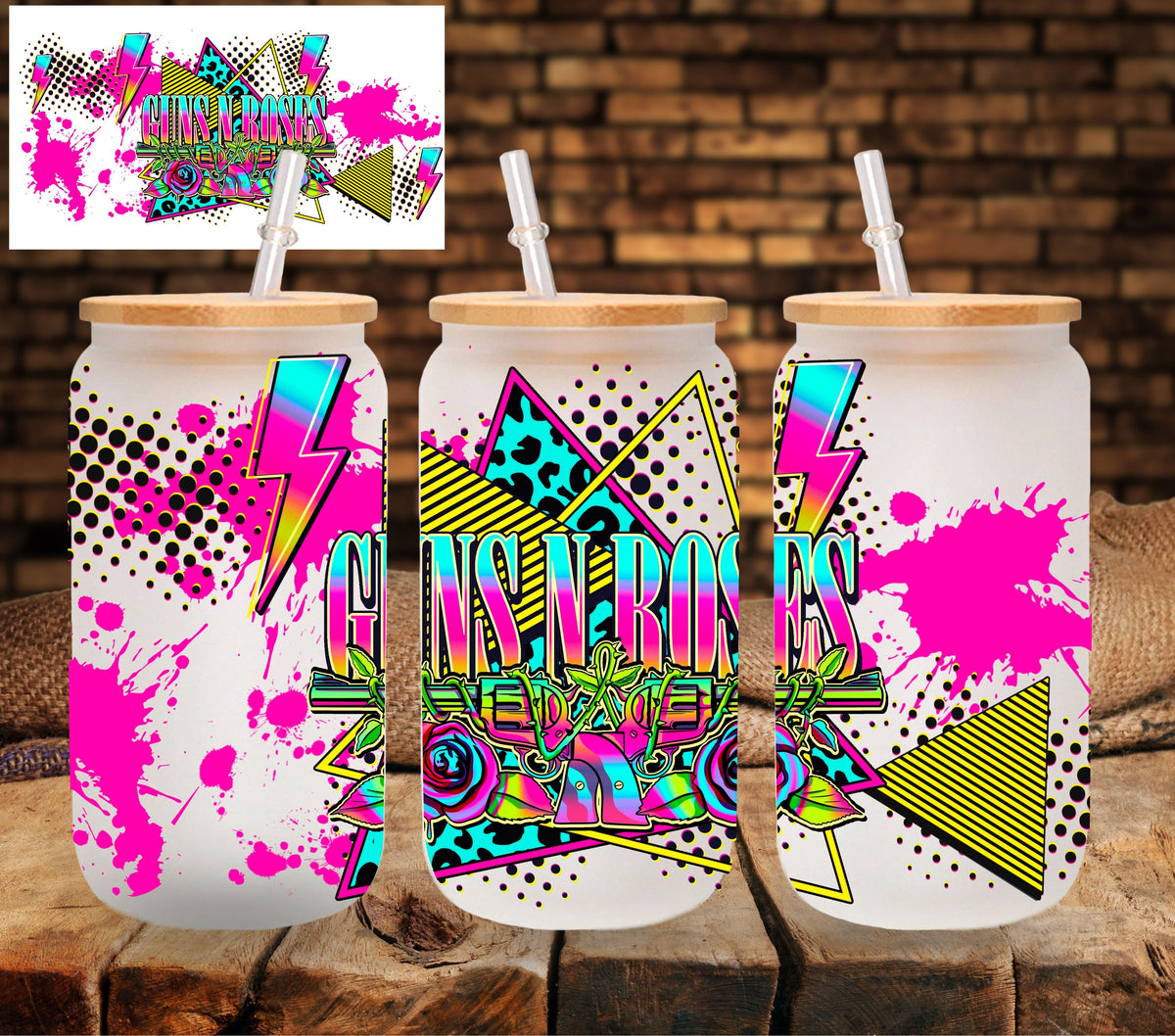 Guns N Roses neon UV DTF Libbey wrap
