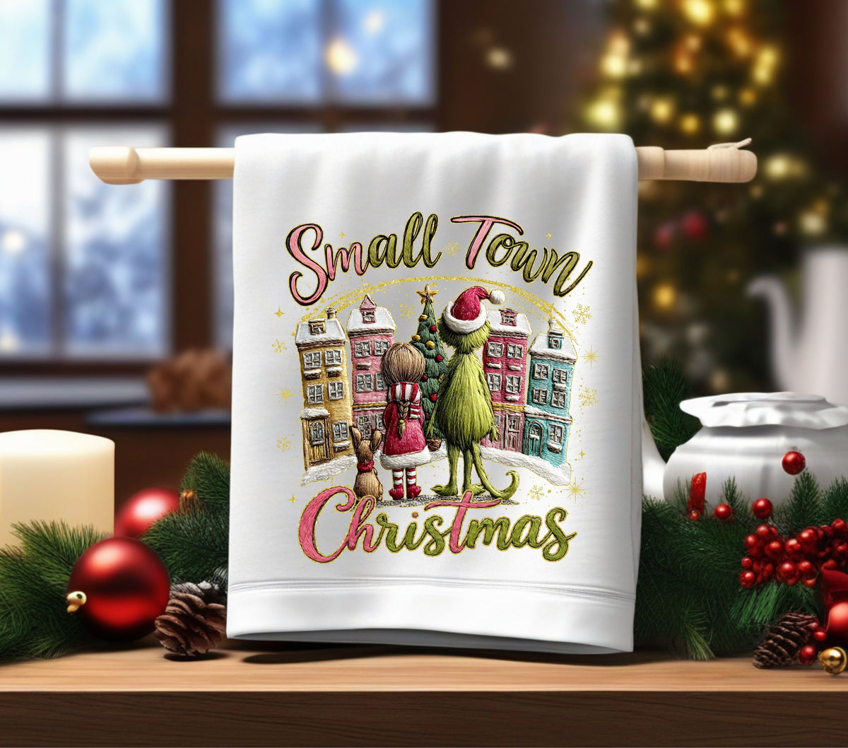 Small town Christmas- Grinch DTF Transfers for pillows and towels
