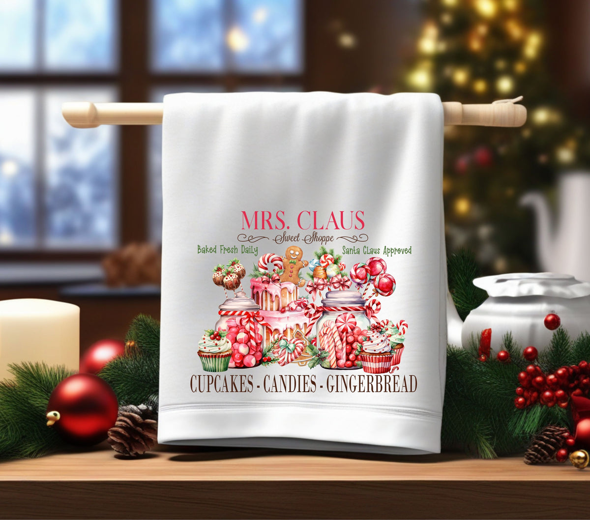 Mrs. Claus Sweet Shoppe DTF Transfers for pillows and towels