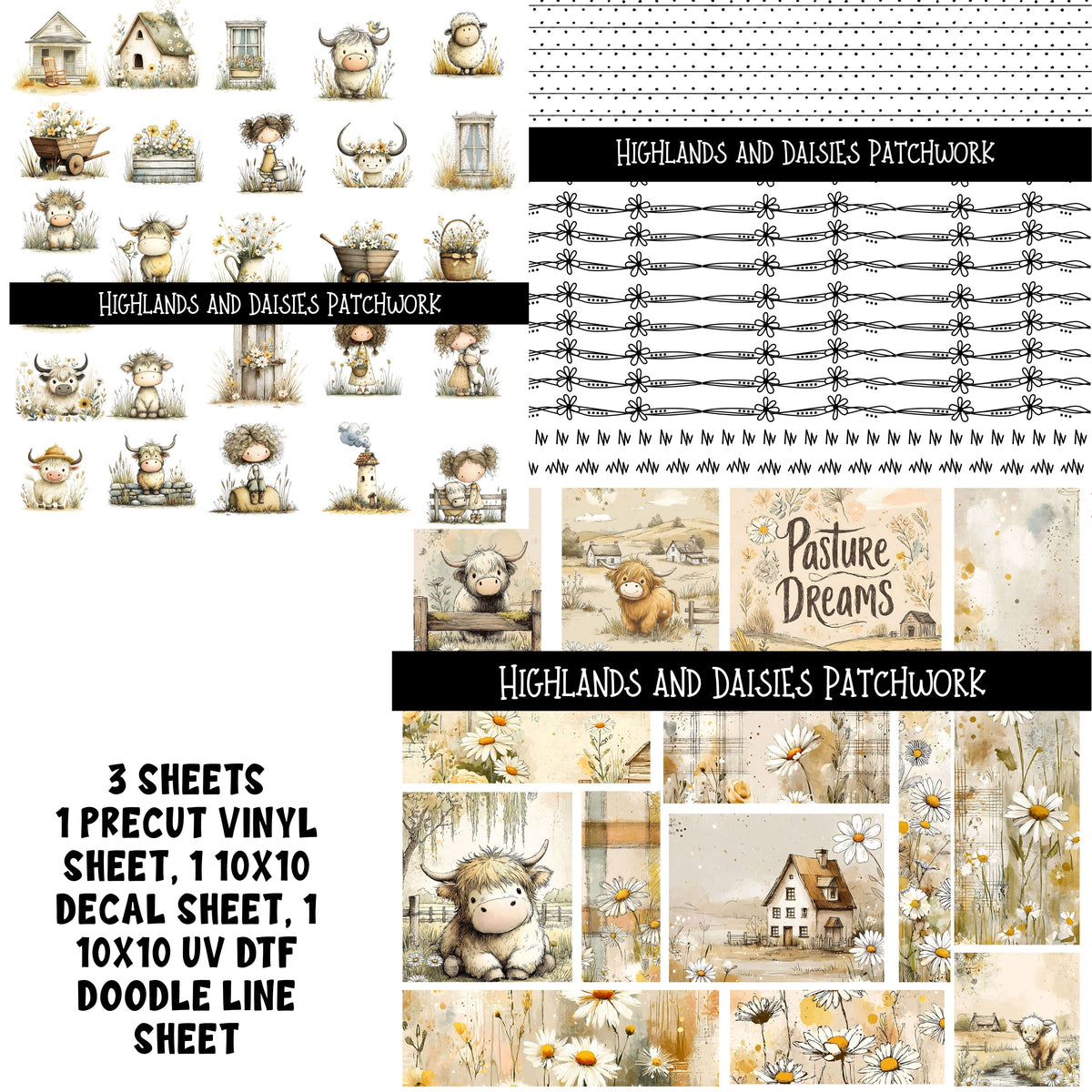 Highland and Daisies Doodle Patchwork Set