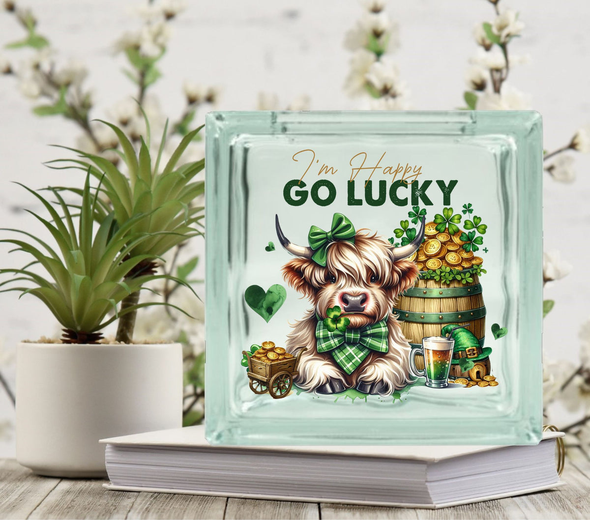 Happy Go Lucky Highland Glass Block Decal