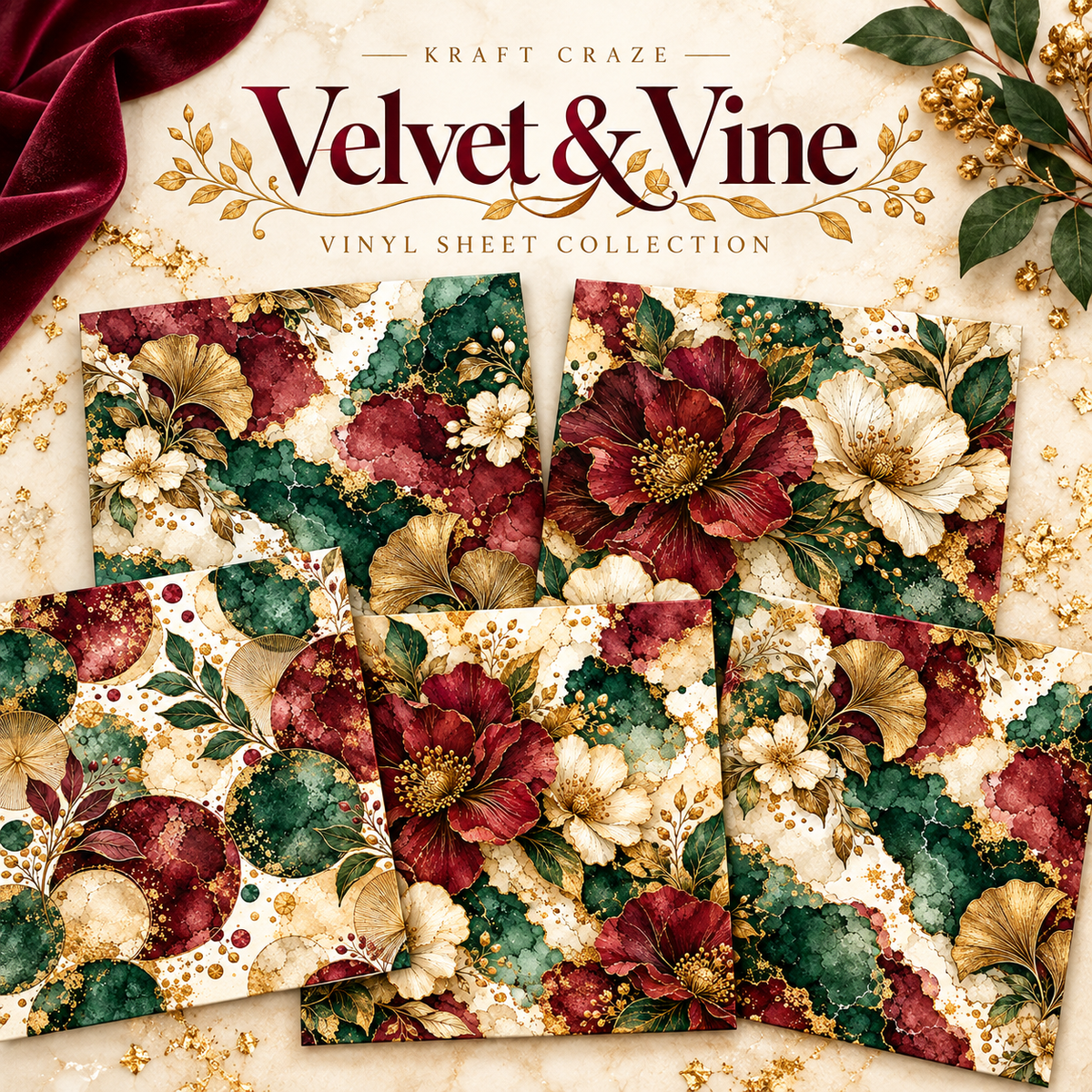 Velvet and Vine collection- 2 sizes vinyl sheets-10 designs available