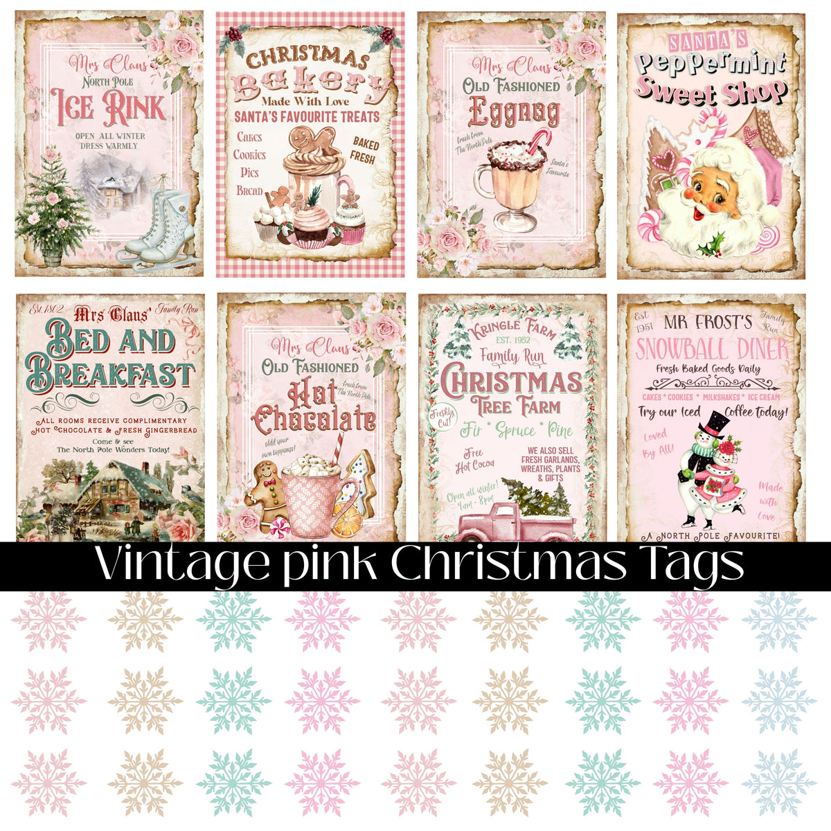 Vintage Pink Christmas Tags UV DTF Decal Sheet