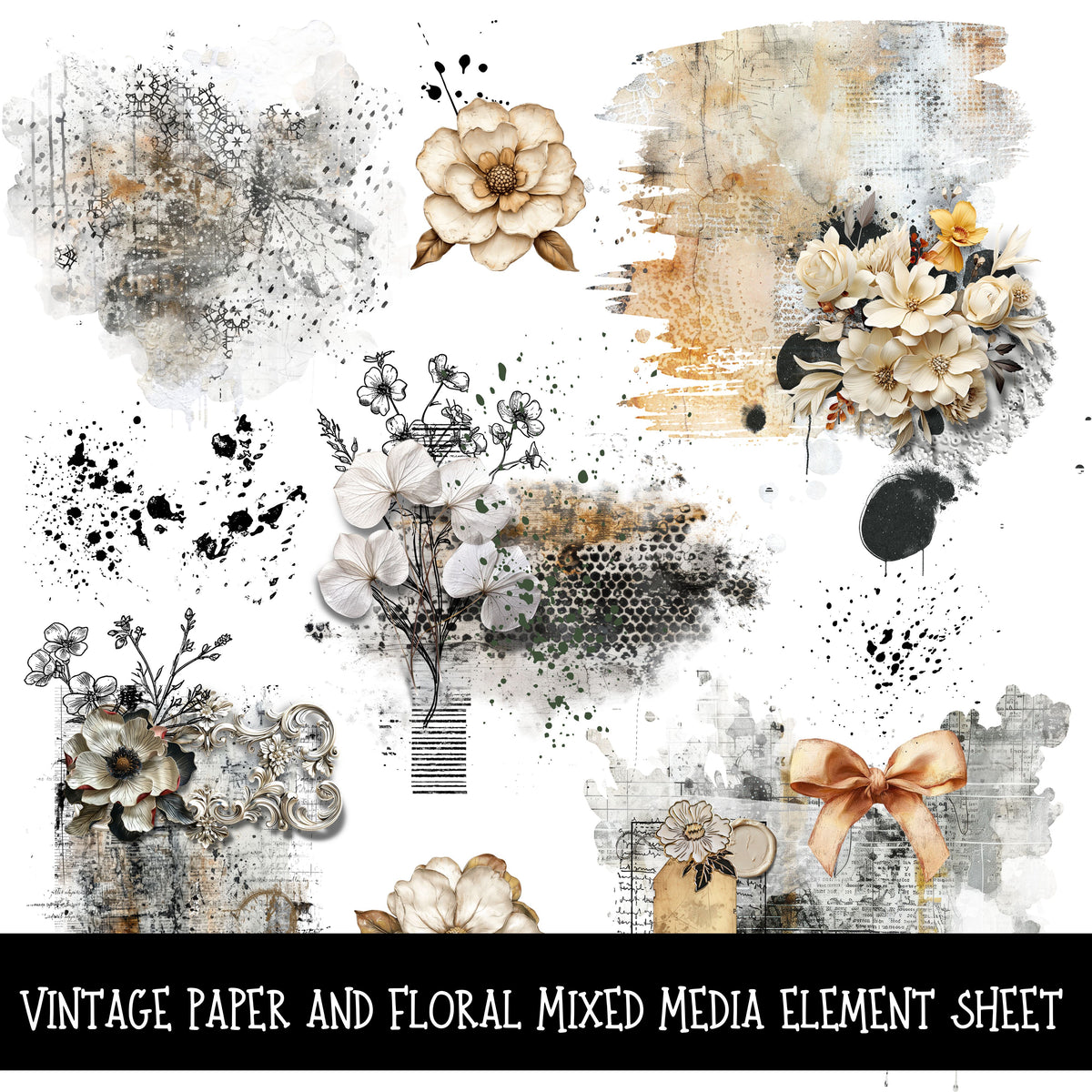 Vintage paper and florals mixed media Element UV DTF Decal sheets