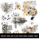 Vintage paper and florals mixed media Element UV DTF Decal sheets