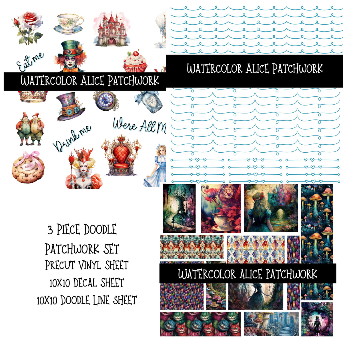 Watercolor Alice Doodle Patchwork Set
