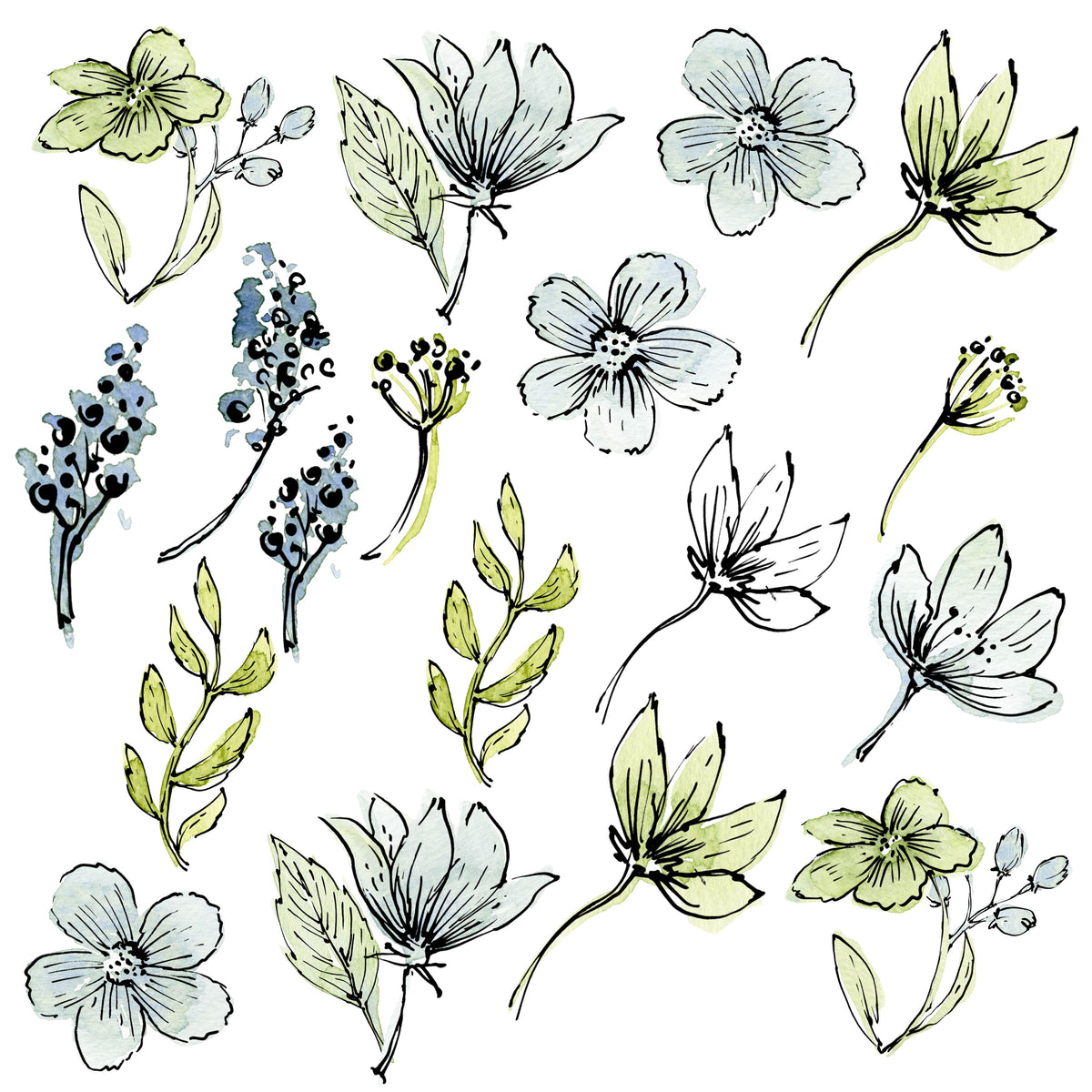 Watercolor blue flowers with outline UV DTF Decal sheet