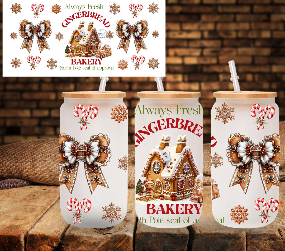 Gingerbread Bakery with Bows UV DTF Libbey wrap