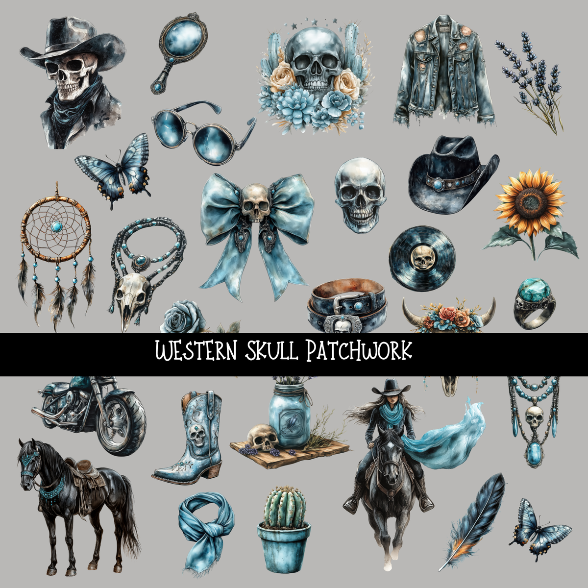 Western Skull Doodle Patchwork Set