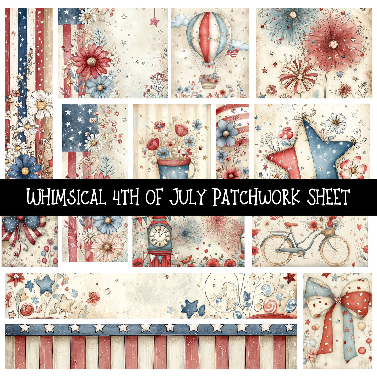 Whimsical 4th of July Patchwork precut vinyl sheet available in 12x12 or 6x6 sizes
