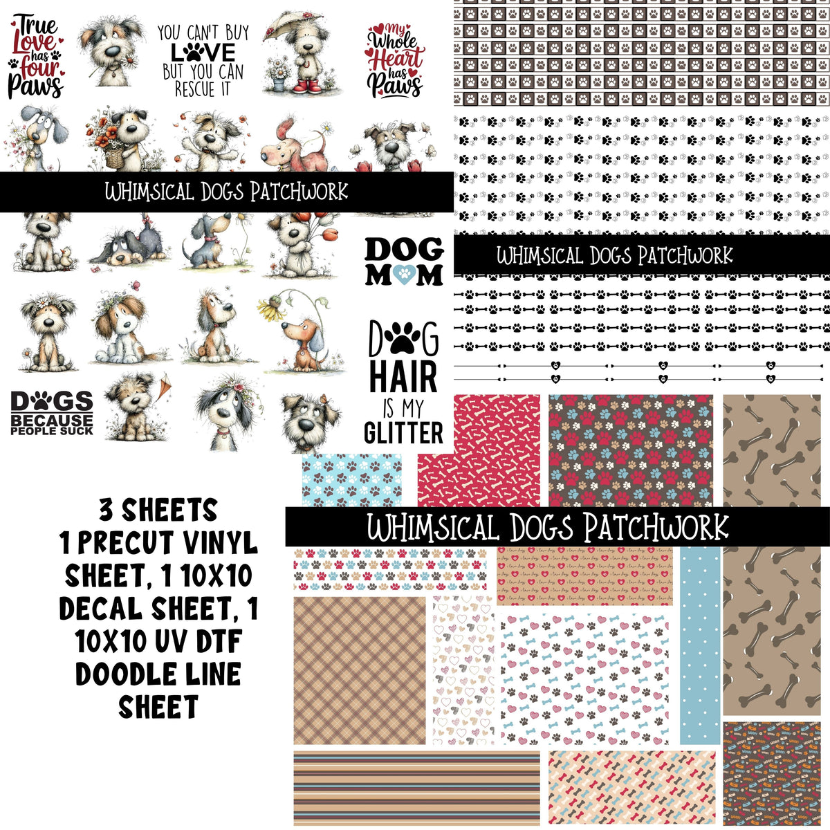 Whimsical Dogs Doodle Patchwork Set