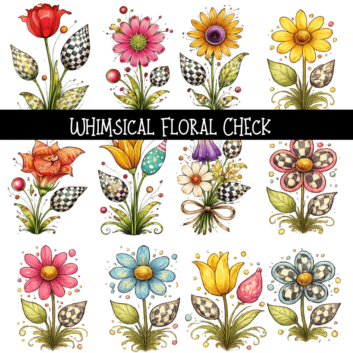 Whimsical Floral Check - UV DTF Decal sheet