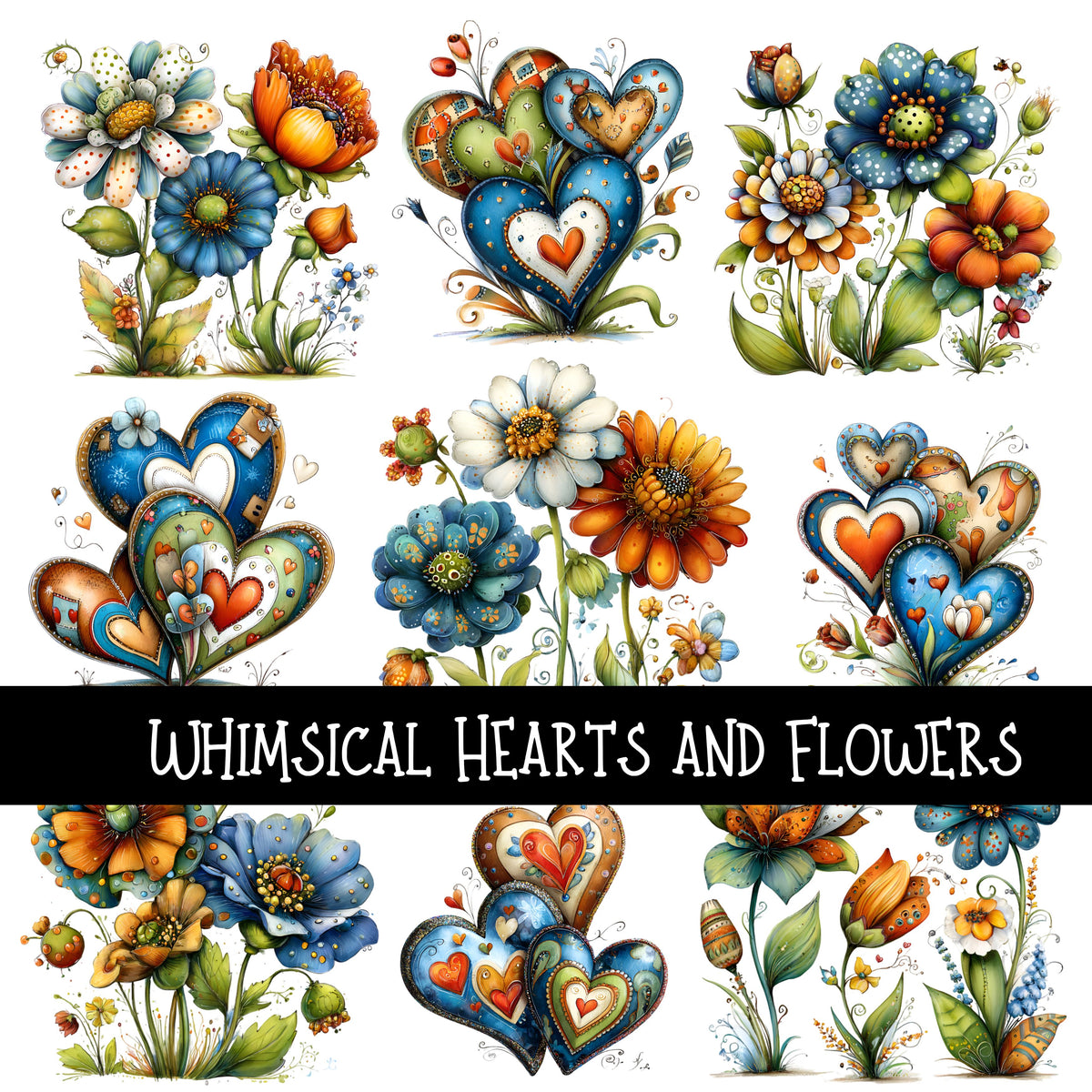 Whimsical Hearts and Flowers UV DTF Decal sheet