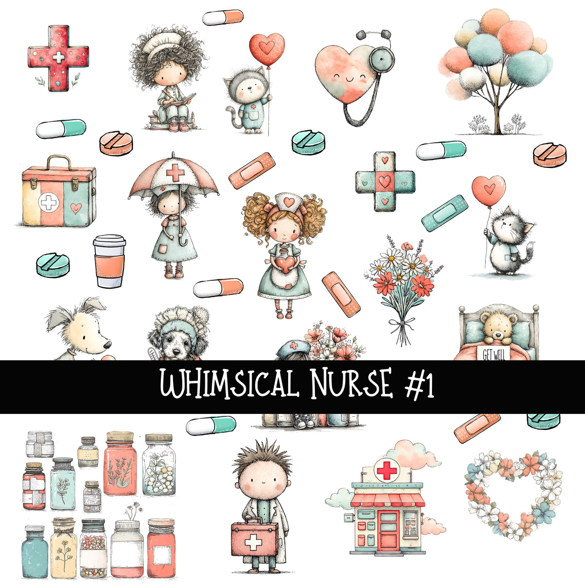 Whimsical Nurse Doodle Patchwork Sets 2 styles available