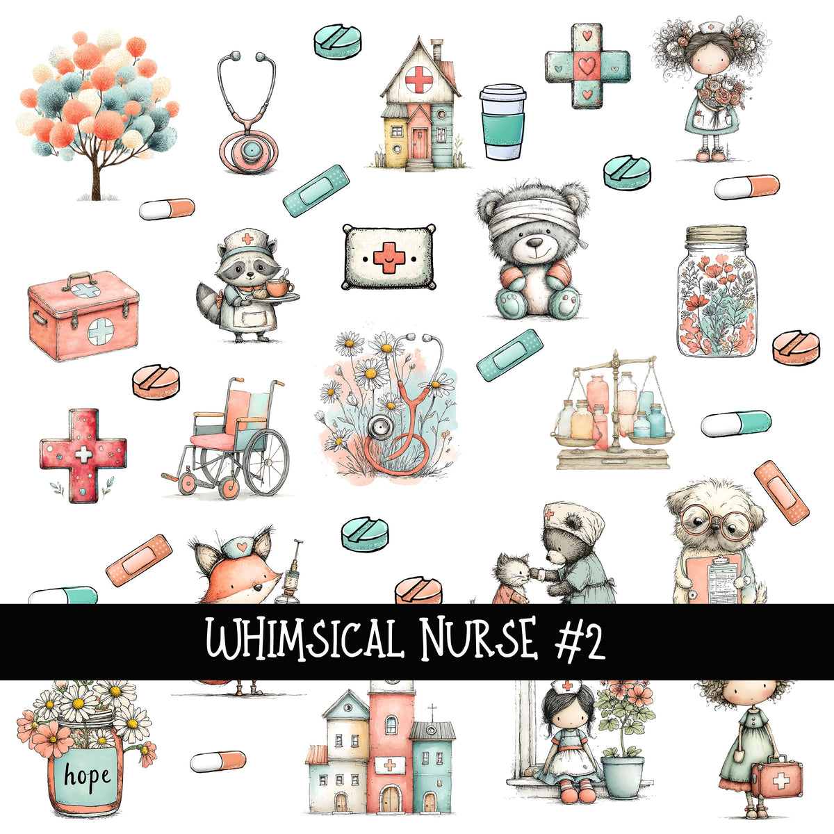 Whimsical Nurse Doodle Patchwork Sets 2 styles available