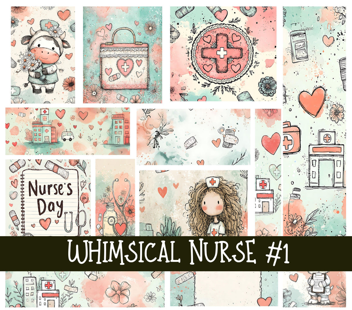 Whimsical Nurse Doodle Patchwork Sets 2 styles available
