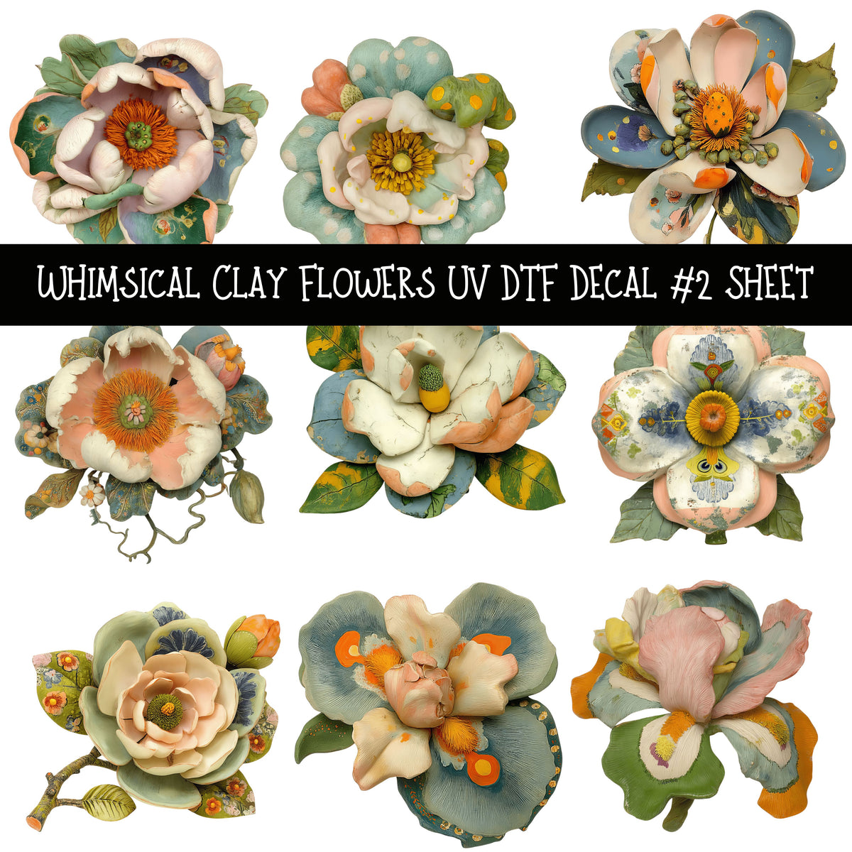 Whimsical Clay Flowers UV DTF Decal sheets 2 Design Options