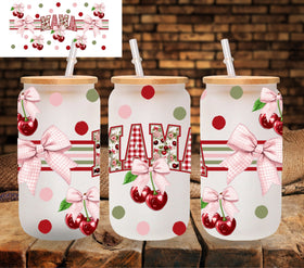 Pink Gingham Cherry and stripes UV DTF Libbey wrap