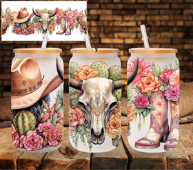 Bull skull and Cactus UV DTF Libbey wrap