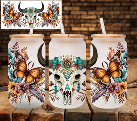 Aztec bull skull UV DTF Libbey wrap