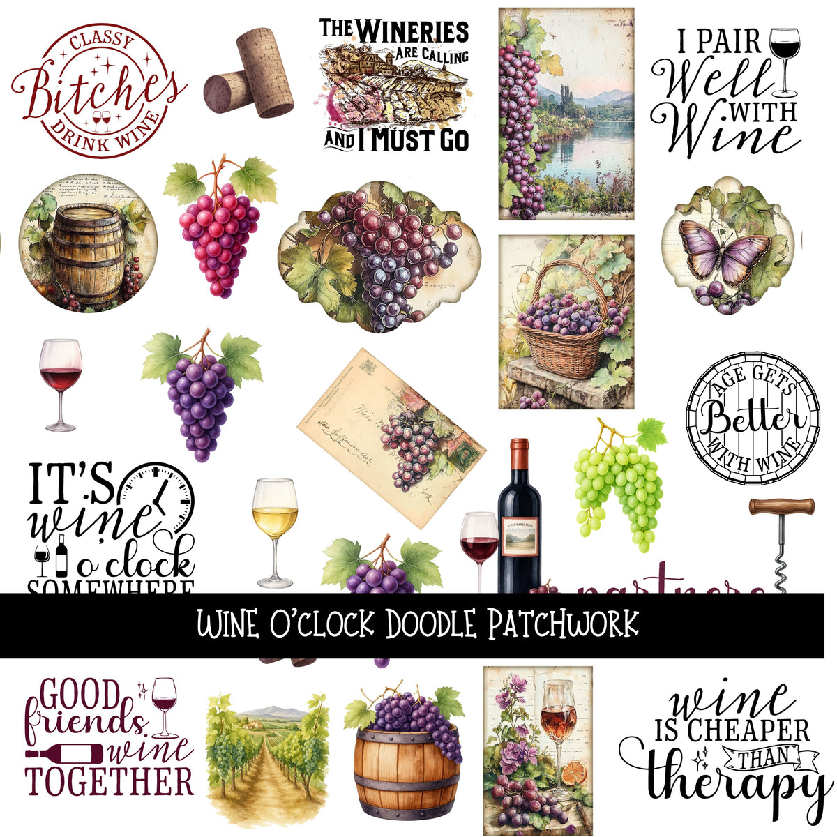 Wine O'clock UV DTF Doodle Patchwork Set