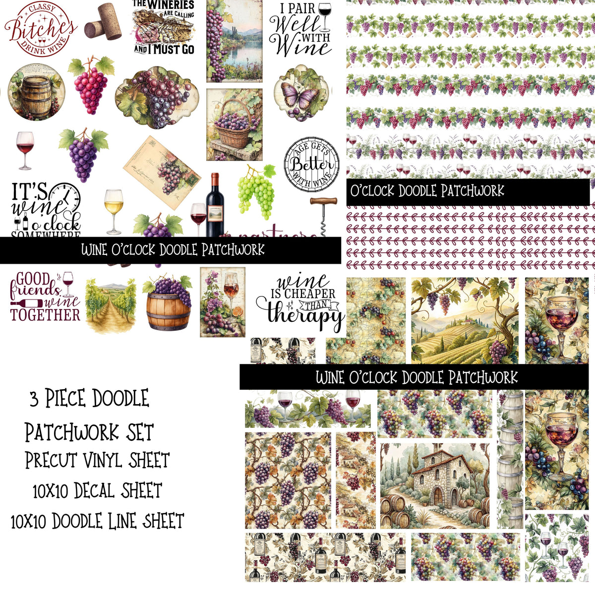 Wine O'clock UV DTF Doodle Patchwork Set