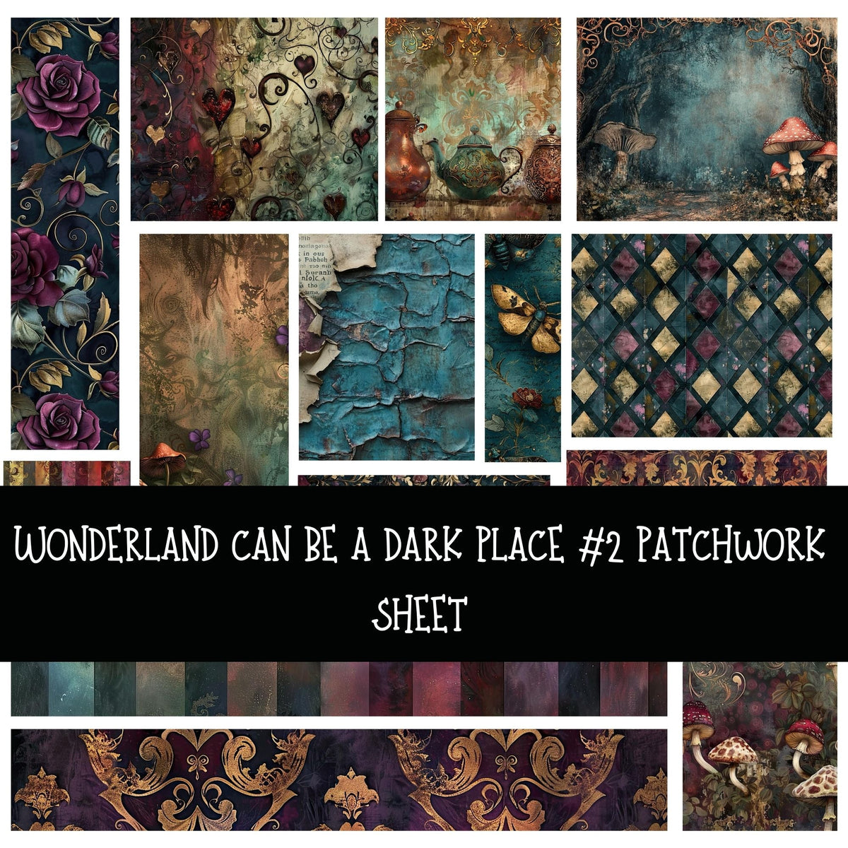 Wonderland can be a dark place Patchwork precut vinyl sheet available in 12x12 or 6x6 sizes