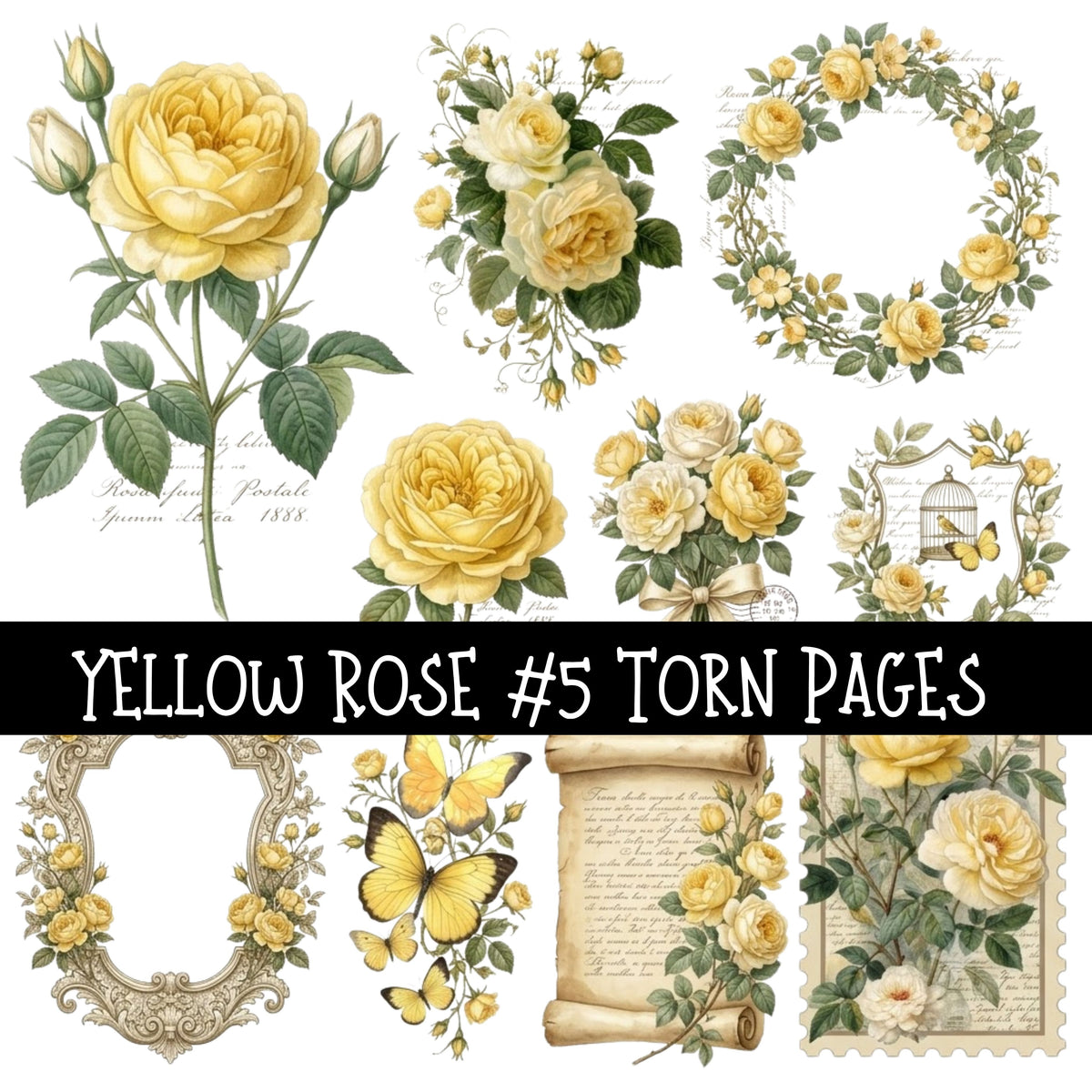 Yellow Rose Torn Pages UV DTF Decal sheets 8 Designs available