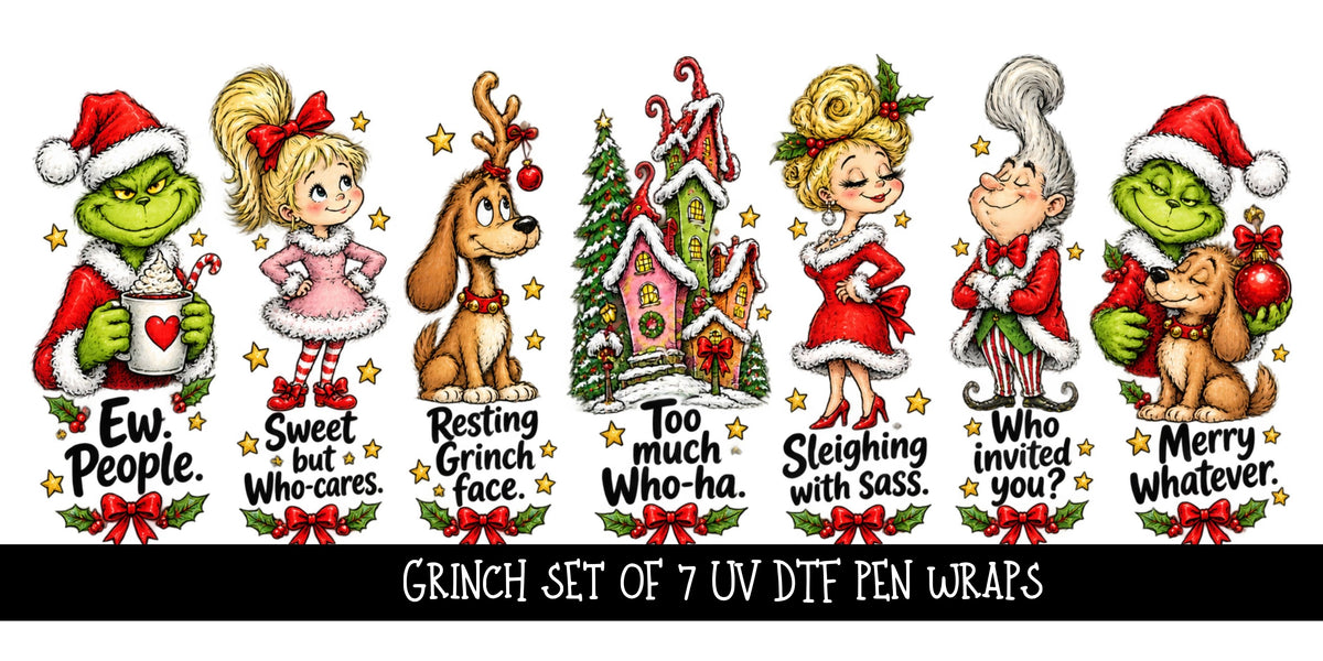 Grinch Pen wraps UV DTF Decal sheet- set of 7 Designs