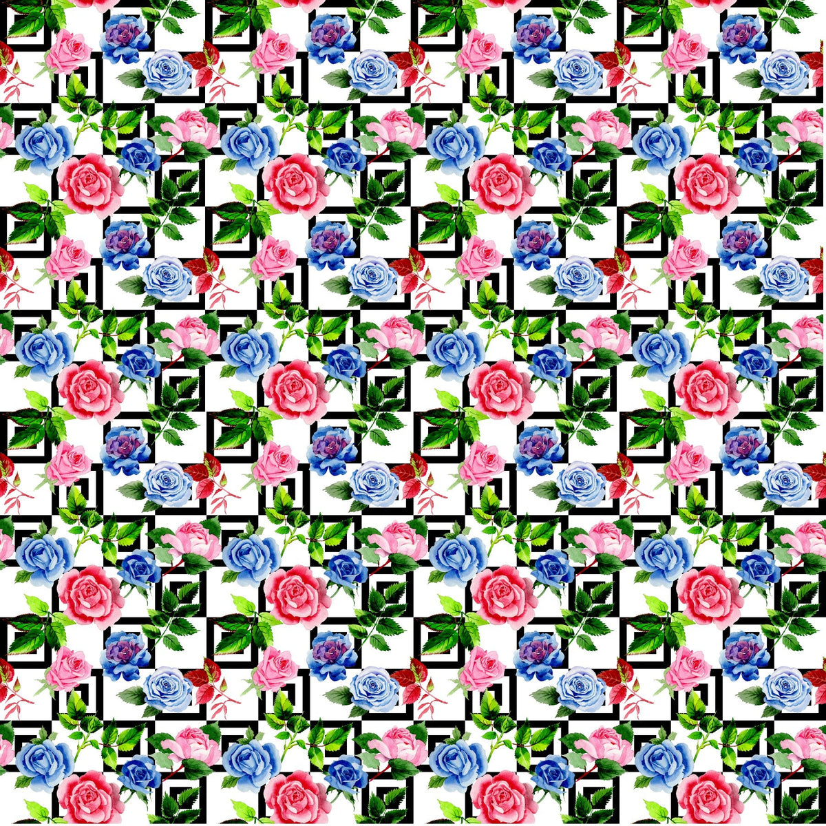 Pink And Blue Roses On A Geometric Background - Adhesive Vinyl